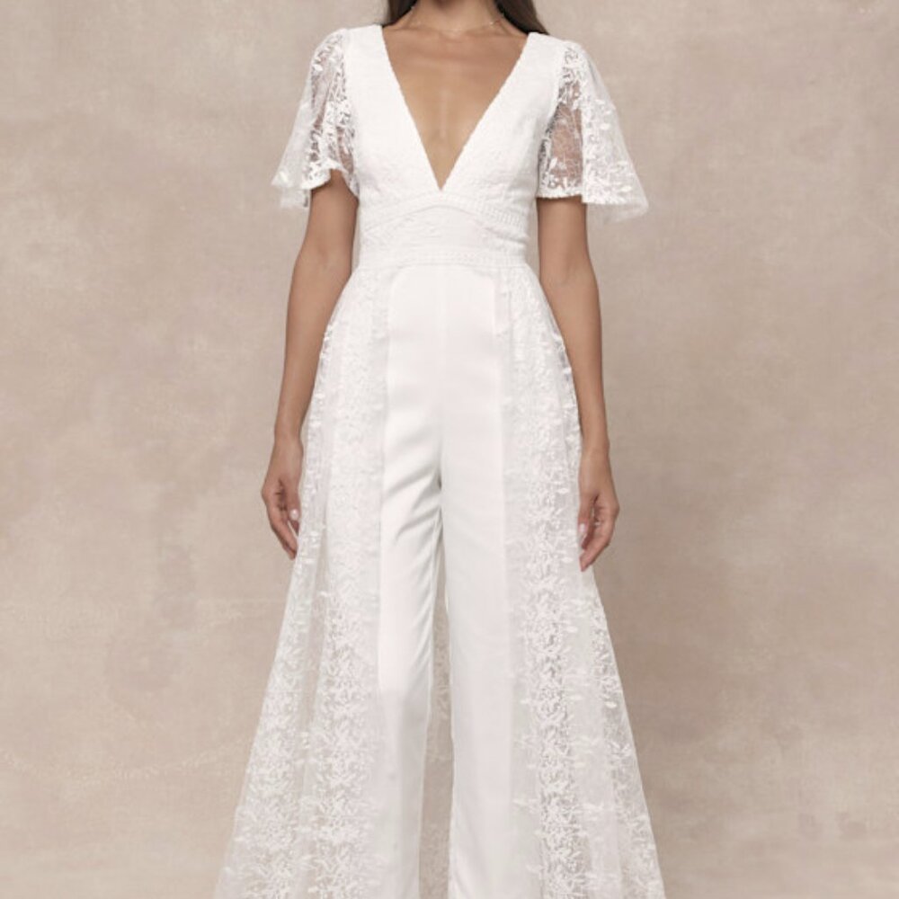 Immaculate Love White Mesh Embroidered Cape Jumpsuit